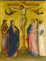 Die Kreuzigung mit Johannes dem Täufer, der Jungfrau Maria, Johannes dem Evangelisten und einem Kartäusermönch, ca. 1385-1390